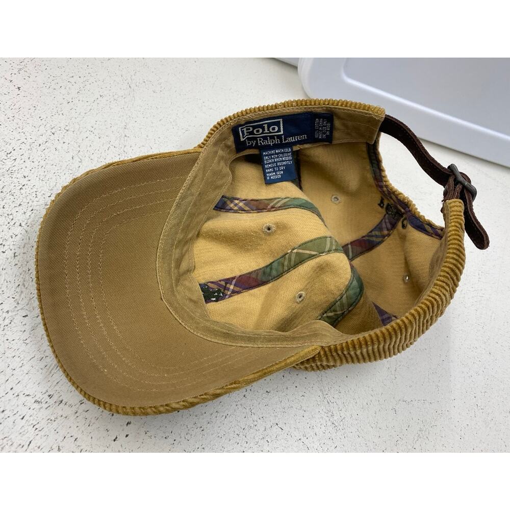 VTG 90s Men Polo Ralph Lauren corduroy leather strapback cotton dad hat - Picture 7 of 8